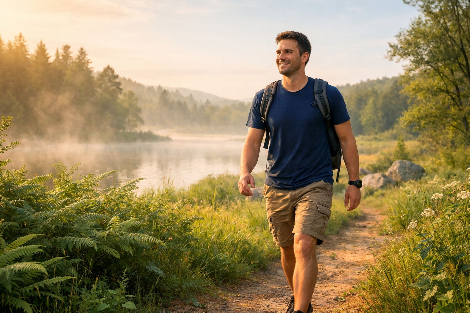 Person walking in peaceful nature setting with soft morning light, feeling energized and confident, surrounded by green plants and natural landscape