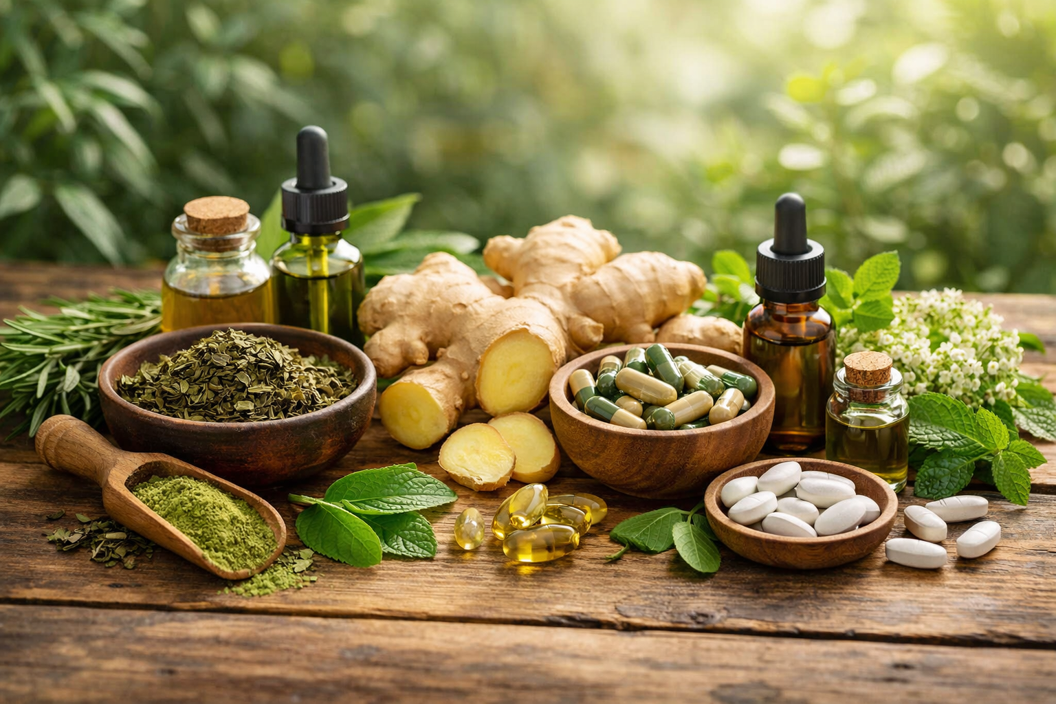 Fresh natural ingredients and herbal supplements arranged on wooden table with soft natural lighting, including green tea, ginger, and plant extracts
